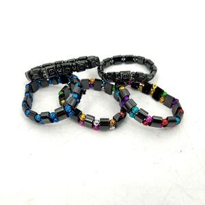 Set of 5 Gray Metal Stretch Colorful Rose Peace Sign Bracelets Costume Jewelry